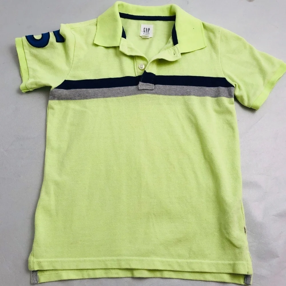Gap neon yellow short sleeve polo shirt with navy blue and gray stripes